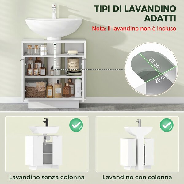 HOMCOM Mobile Sotto Lavabo Bagno con Ripiano Interno Regolabile e Ripiano Aperto, in Legno, 60x33x63 cm, Bianco | Aosom Italy