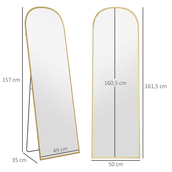 HOMCOM Specchio da Terra e Parete Moderno in Lega di Alluminio con Supporto Pieghevole, 50x161.5cm, Oro | Aosom Italy