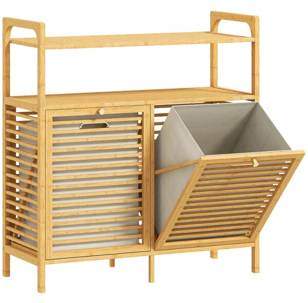 HOMCOM Mobile Portabiancheria con 2 Cesti da 41L e 2 Ripiani, in Bambù e Poliestere, 82x33x88 cm, color Legno e Crema | Aosom Italy