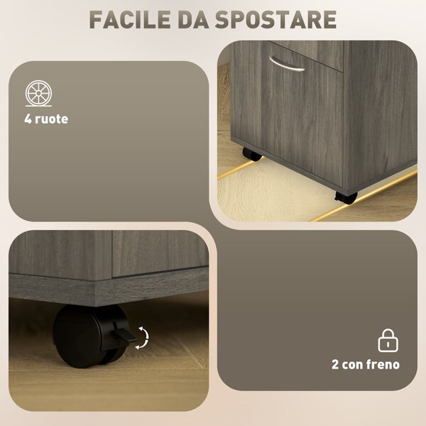 HOMCOM Cassettiera Portadocumenti a 4 Ruote con Ripiano Aperto e Cassetti, in Legno e Metallo, 40x35x60 cm, Grigio | Aosom Italy