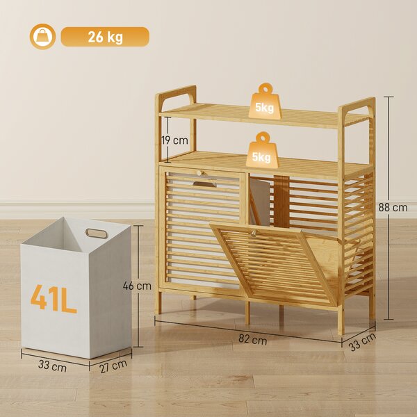 HOMCOM Mobile Portabiancheria con 2 Cesti da 41L e 2 Ripiani, in Bambù e Poliestere, 82x33x88 cm, color Legno e Crema | Aosom Italy
