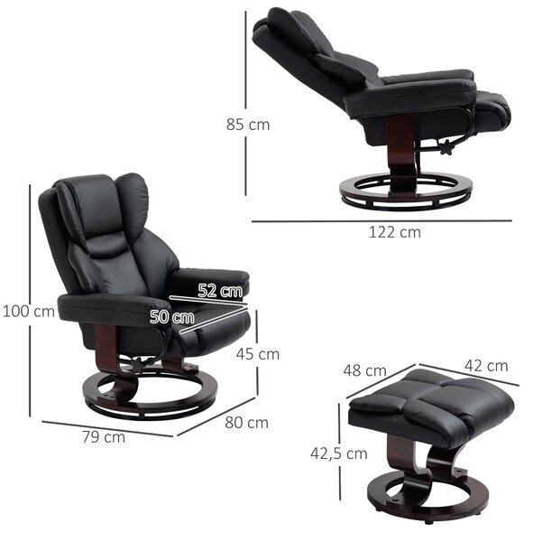 HOMCOM Poltrona Relax e Pouf Poggiapiedi, Reclinabile a 145° con Seduta Girevole in Finta Pelle, Nero | Aosom Italy