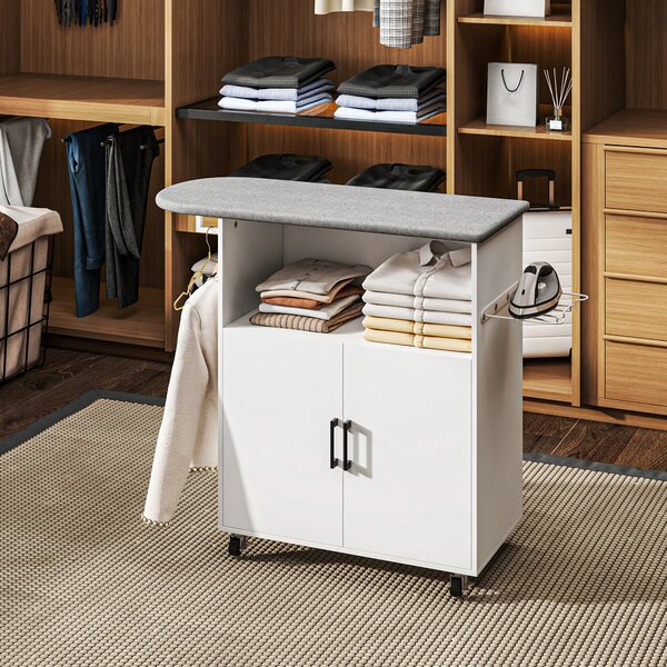 HOMCOM Mobile Asse da Stiro con Armadietto a 2 Ante e Spazio Aperto, 125x43.5x102.5 cm, Bianco | Aosom Italy