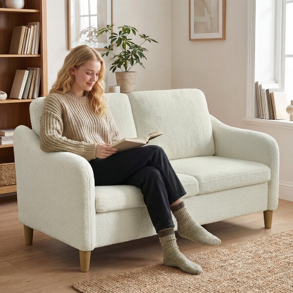HOMCOM Divano 2 Posti Moderno con Cuscini Spessi e Rivestimento Sherpa, 137x69x82 cm, Crema | Aosom Italy