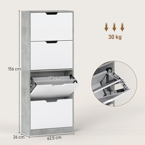 HOMCOM Scarpiera Salvaspazio Moderna a 4 Ante per 16 Paia di Scarpe, 62.5x26x156 cm, Grigio Cemento | Aosom Italy