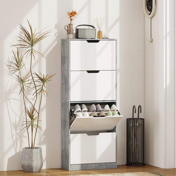 HOMCOM Scarpiera Salvaspazio Moderna a 4 Ante per 16 Paia di Scarpe, 62.5x26x156 cm, Grigio Cemento | Aosom Italy