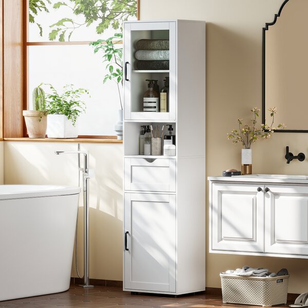 HOMCOM Colonna Bagno in Legno con 2 Armadietti, Cassetto e Ripiano Aperto, 40x30x165 cm, Bianco | Aosom Italy