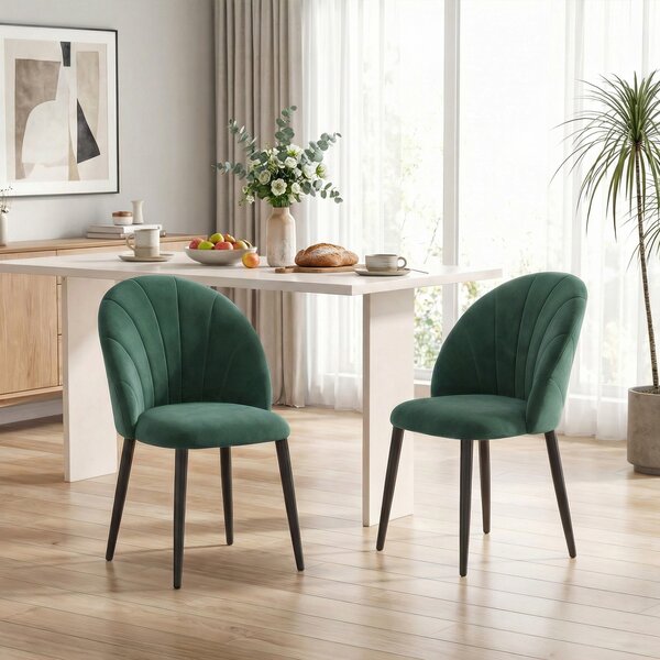 HOMCOM Set di 2 Sedie Sala da Pranzo in Velluto, con Schienale Curvo a Conchiglia, Gambe in Acciaio, Stile Nordico, Verde Scuro | Aosom Italy