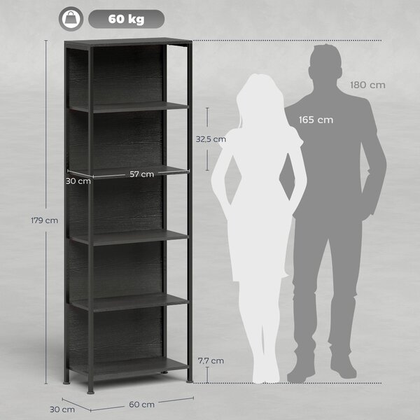 HOMCOM Libreria Scaffale in Stile Industriale a 5 Ripiani con Illuminazione LED, in Metallo e Legno, 60x30x179 cm, Nero | Aosom Italy