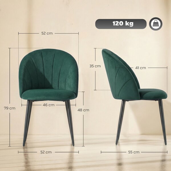 HOMCOM Set di 2 Sedie Sala da Pranzo in Velluto, con Schienale Curvo a Conchiglia, Gambe in Acciaio, Stile Nordico, Verde Scuro | Aosom Italy