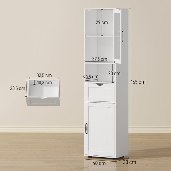 HOMCOM Colonna Bagno in Legno con 2 Armadietti, Cassetto e Ripiano Aperto, 40x30x165 cm, Bianco | Aosom Italy