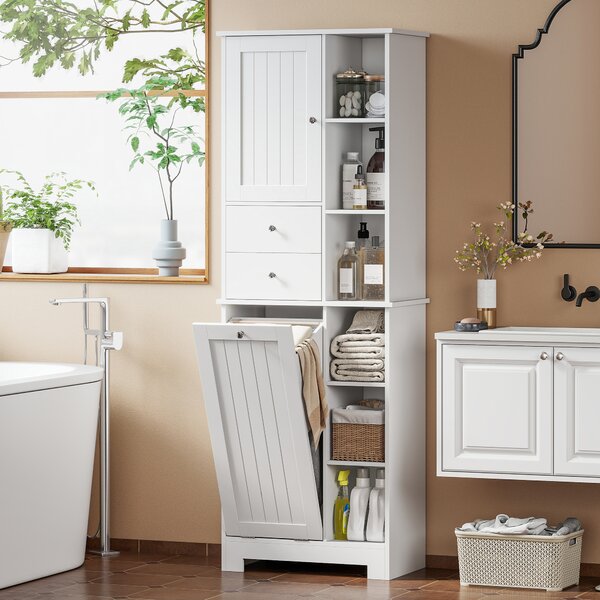 HOMCOM Armadietto da Bagno Bianco, Cesto Biancheria Inclinabile, Cassetti | Aosom Italy