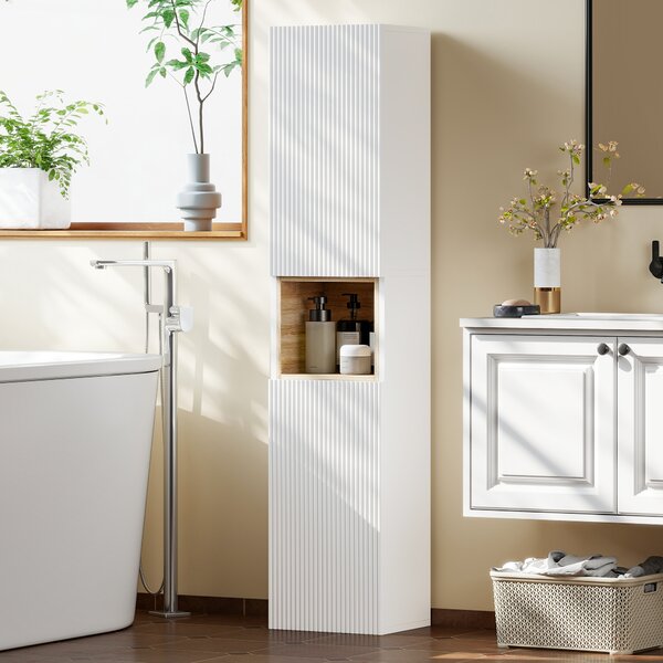 HOMCOM Mobile da Bagno a 2 Ante con Spazio Aperto e Ripiani Regolabili, in Legno, 30x24x140 cm, Bianco | Aosom Italy