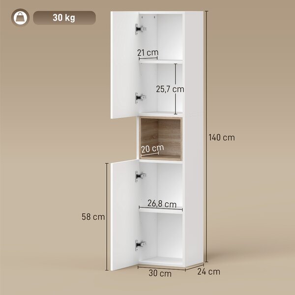 HOMCOM Mobile da Bagno a 2 Ante con Spazio Aperto e Ripiani Regolabili, in Legno, 30x24x140 cm, Bianco | Aosom Italy