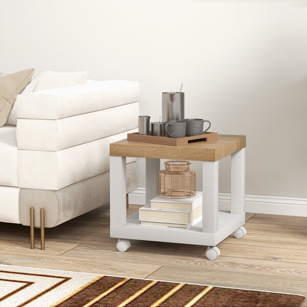 HOMCOM Tavolino da Soggiorno con Rotelle e Mensola Aperta, per Divano, Camera da Letto o Soggiorno, 40x40x40 cm, Legno Naturale e Bianco | Aosom Italy