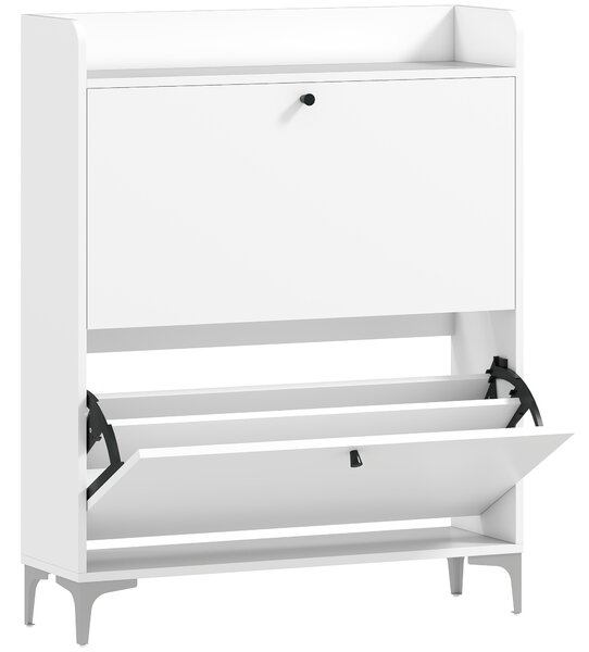 HOMCOM Mobile Scarpiera Slim con 2 Cassetti a Ribalta e Ripiani Regolabili, in Legno e Metallo, 80x24x101 cm, Bianco | Aosom Italy