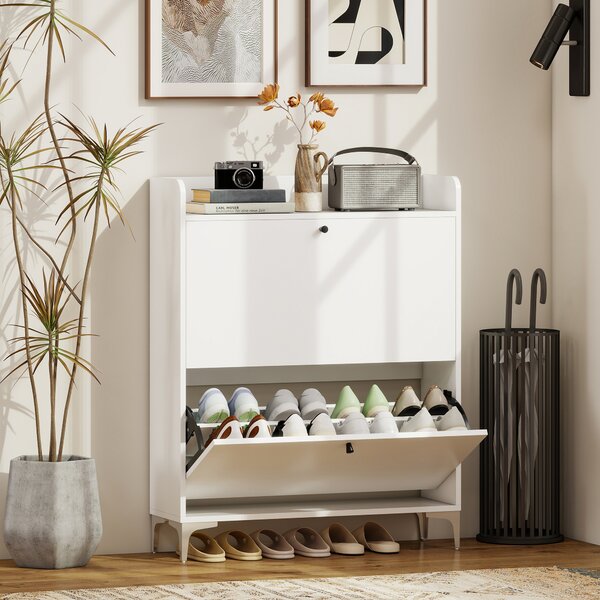 HOMCOM Mobile Scarpiera Slim con 2 Cassetti a Ribalta e Ripiani Regolabili, in Legno e Metallo, 80x24x101 cm, Bianco | Aosom Italy