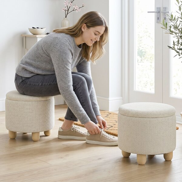 HOMCOM Pouf contenitore rotondo da 19 L effetto iuta con coperchio, beige | Aosom Italy