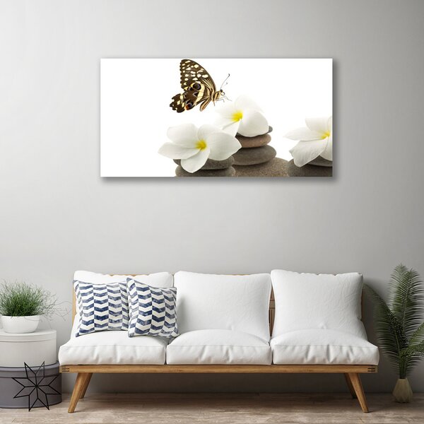 Quadro su tela Farfalla, fiore, pietre 100x50 cm