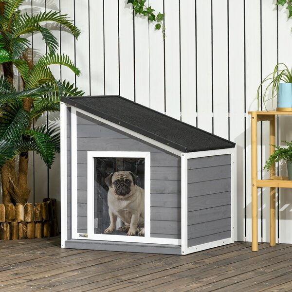 PawHut Cuccia per cani resistente alle intemperie con tetto in asfalto, in legno massello, 71x58x77 cm, Grigio e Bianco | Aosom Italy