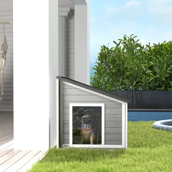 PawHut Cuccia per cani resistente alle intemperie con tetto in asfalto, in legno massello, 71x58x77 cm, Grigio e Bianco | Aosom Italy