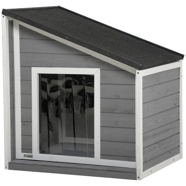 PawHut Cuccia per cani resistente alle intemperie con tetto in asfalto, in legno massello, 71x58x77 cm, Grigio e Bianco | Aosom Italy