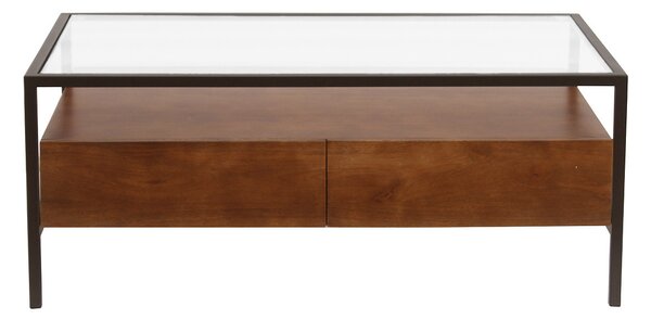 Tavolino rettangolare con contenitori in legno di mango massiccio scuro, vetro e metallo nero L100 cm SITA