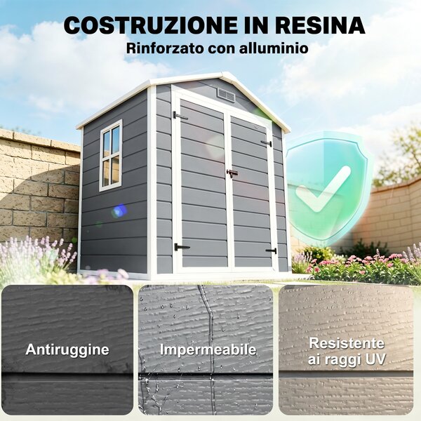 Outsunny Casetta da Giardino con Finestra e Doppia Porta con Serratura, Capanno per Attrezzi in Alluminio e PP, Grigio | Aosom Italy