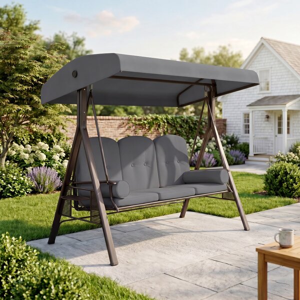 Outsunny Dondolo da Giardino 3 Posti con Tetto Regolabile, Portabicchieri e Cuscini, 208x120x172 cm, Grigio