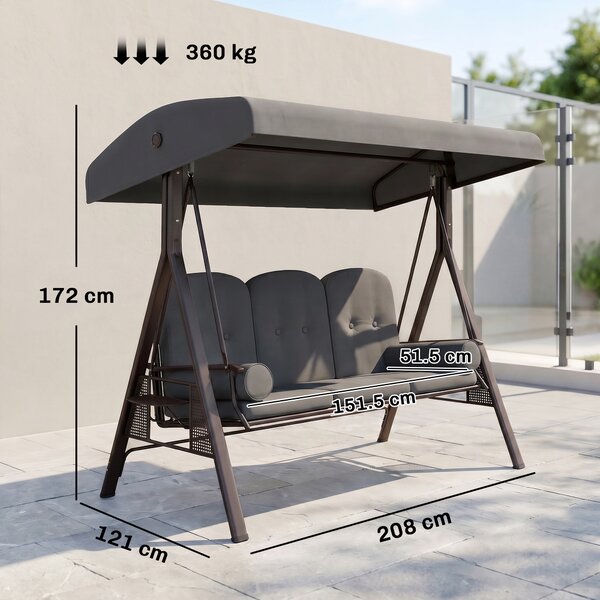 Outsunny Dondolo da Giardino 3 Posti con Tetto Regolabile, Portabicchieri e Cuscini, 208x120x172 cm, Grigio