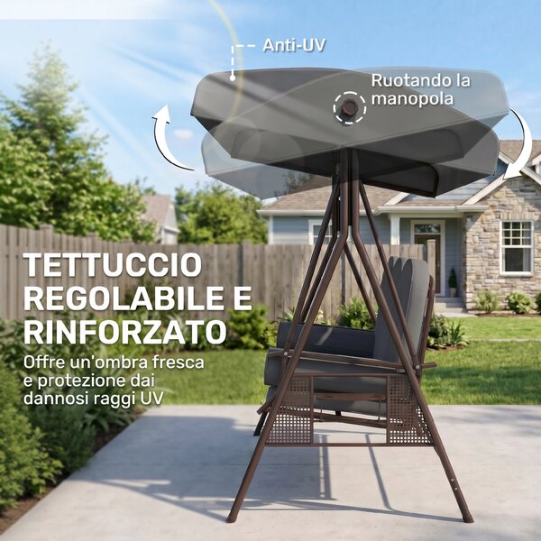Outsunny Dondolo da Giardino 3 Posti con Tetto Regolabile, Portabicchieri e Cuscini, 208x120x172 cm, Grigio
