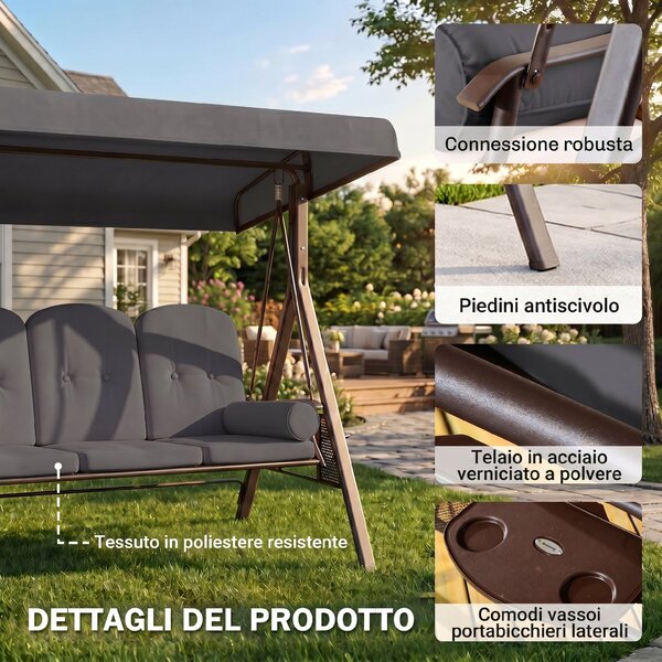 Outsunny Dondolo da Giardino 3 Posti con Tetto Regolabile, Portabicchieri e Cuscini, 208x120x172 cm, Grigio