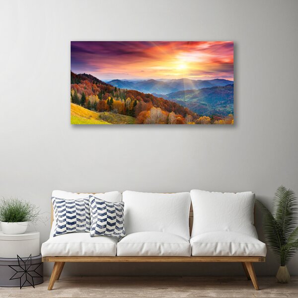 Foto quadro su tela Paesaggio del sole della montagna della foresta 100x50 cm