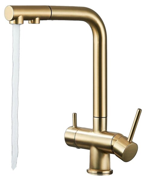 Rubinetto da cucina con filtro e possibilità di utilizzare l'acqua del rubinetto, erogatore estraibile, finitura dorata