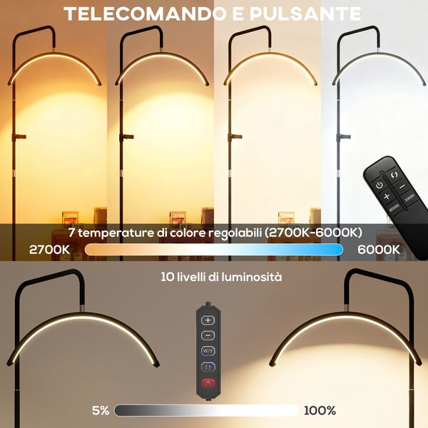 HOMCOM Lampada da Terra LED con Testa a Mezza Luna, Altezza e Temperatura Colore Regolabili, Telecomando, Nero | Aosom Italy