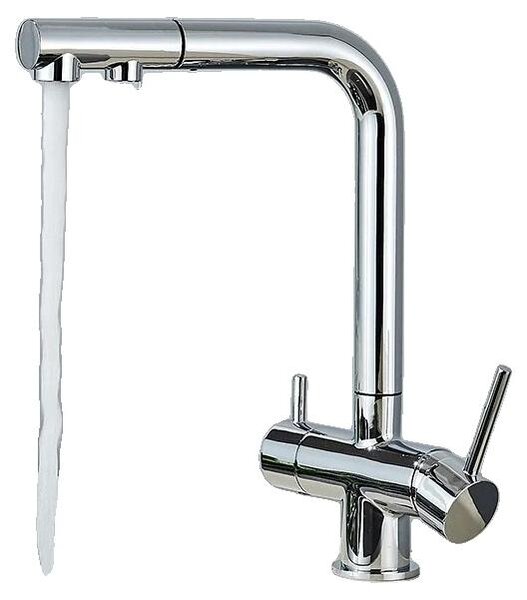 Miscelatore da cucina con funzionalità di filtraggio e di utilizzo dell'acqua di rete, con erogatore estraibile, finitura cromata