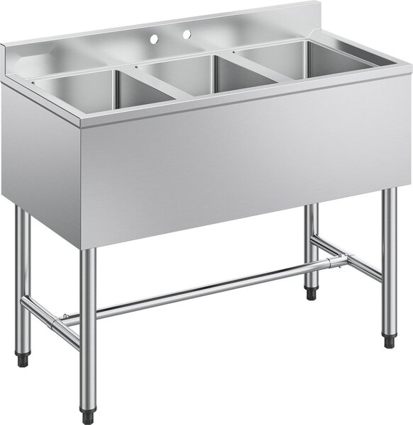 Lavello in acciaio inox - Lavello da cucina a 3 vasche - Con paraspruzzi - Scarico rapido - Dimensioni 97,8 x 47 x 83,8 cm - Per ristorazione, furgoni gastronomia e uso domestico - Argento