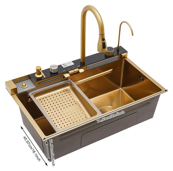 Lavello da cucina, rubinetto estraibile, diverse modalità di erogazione dell'acqua, finitura dorata