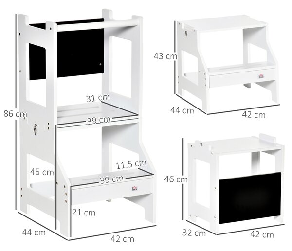 HOMCOM Scala Montessori 2 in 1 in MDF Staccabile, con Sgabello, Lavagna Inclusi, per Bambini 3-6 Anni, Bianco|Aosom