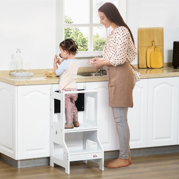 HOMCOM Scala Montessori 2 in 1 in MDF Staccabile, con Sgabello, Lavagna Inclusi, per Bambini 3-6 Anni, Bianco|Aosom