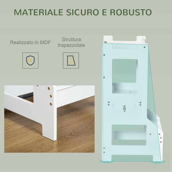 HOMCOM Scala Montessori 2 in 1 in MDF Staccabile, con Sgabello, Lavagna Inclusi, per Bambini 3-6 Anni, Bianco|Aosom