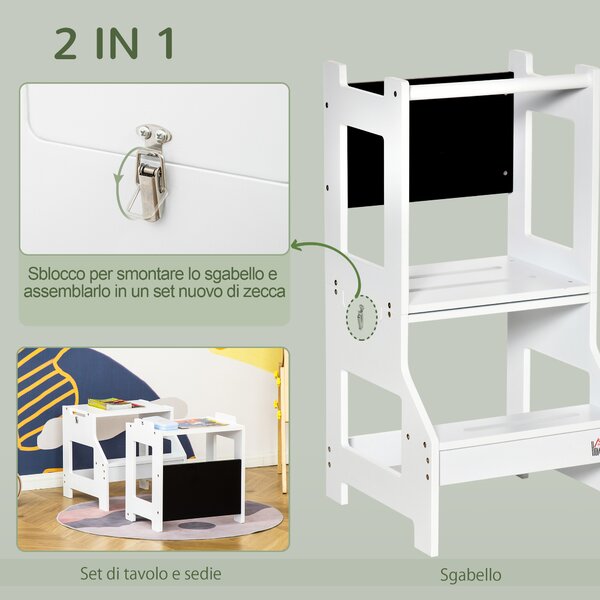 HOMCOM Scala Montessori 2 in 1 in MDF Staccabile, con Sgabello, Lavagna Inclusi, per Bambini 3-6 Anni, Bianco|Aosom