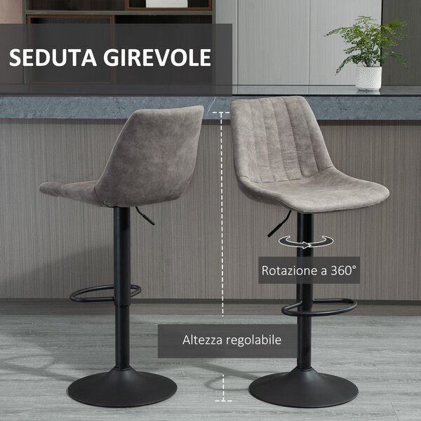 HOMCOM Set di 2 Sgabelli Alti con Schienale, Poggiapiedi, Base Rotonda in Metallo e Altezza Regolabile, in Microfibra, Grigio | Aosom Italy