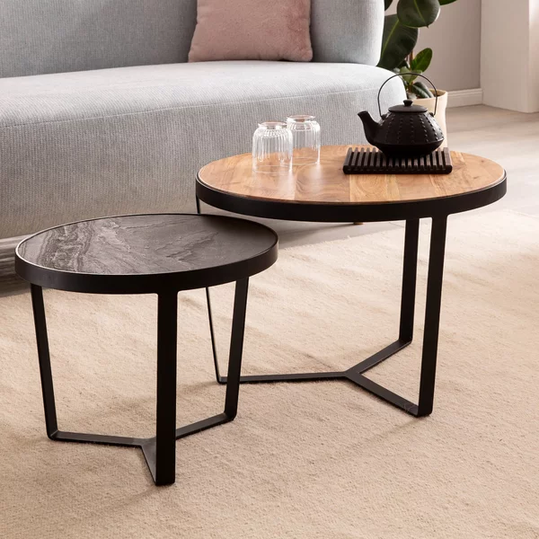 FineBuy Set da 2 tavolini da salotto in legno massello di acacia / effetto pietra Tavolino da salotto rotondo marrone Set di tavolini con struttura in metallo Tavolino da caffè moderno Tavolino da divano