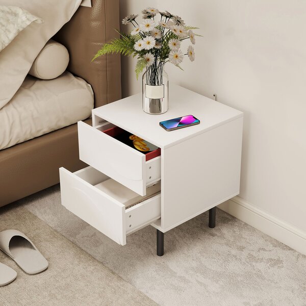 HOMCOM Comodino con 2 cassetti ad apertura a pressione e piedi in acciaio, 40x40x50 cm, Bianco | Aosom Italy