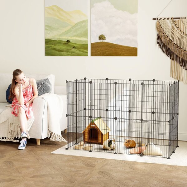 PawHut Gabbia per Animali Piccoli Modulare con Porta e Pannelli in Acciaio, 120x60x80 cm, Nero | Aosom Italy