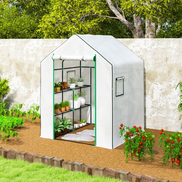 Outsunny Serra da Esterno con 6 Ripiani Porta Avvolgibile Copertura in PE e Telaio in Acciaio 140x143x190 cm Bianco | Aosom Italy