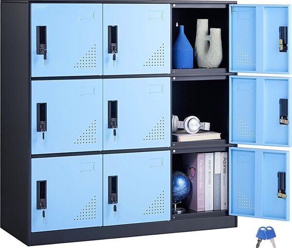 Armadietti per ufficio neri e blu - Armadietto a 9 ante con 9 scomparti - Capacità di carico di 30 kg