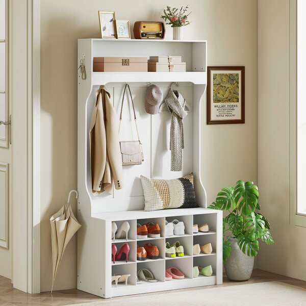HOMCOM Attaccapanni con Scaffale, Panca, Ganci, Scomparti per le Scarpe, in Truciolato, 100x35x172,2 cm, Bianco | Aosom Italy