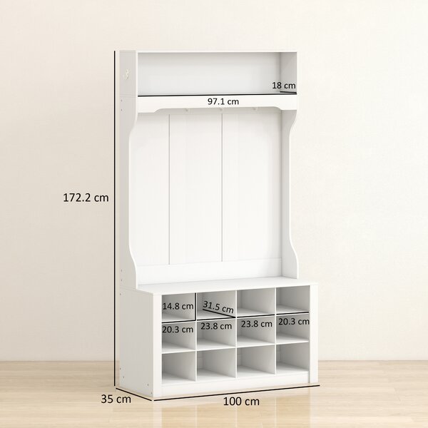 HOMCOM Attaccapanni con Scaffale, Panca, Ganci, Scomparti per le Scarpe, in Truciolato, 100x35x172,2 cm, Bianco | Aosom Italy